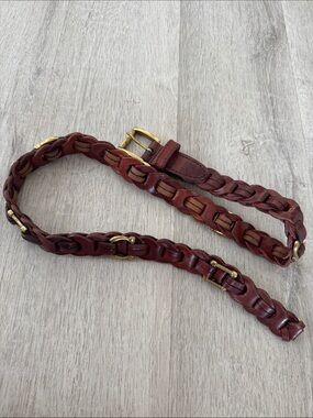 Aimee Lynn Belt Small Brown Leather Brass Buckle Braided Link Horseshoe Western